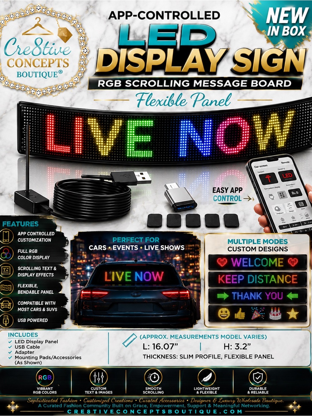 LED Car Display Sign App-Controlled RGB Scrolling Message Board Flexible Panel